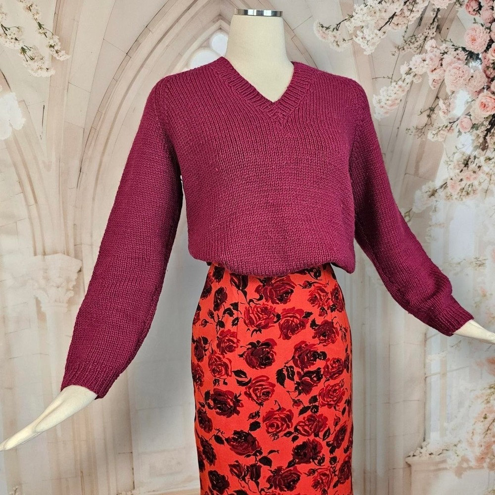 Vintage Fig Red Burgundy Sweater Hand Knit 50s 1960s Long Sleeve‎ Top Jumper